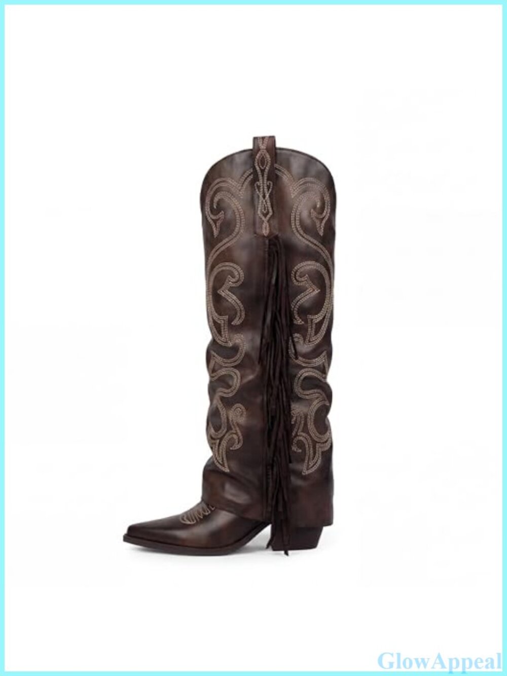 Faux Leather Fold Over Fringe Western Cowboy Boots Knee High Block Heel